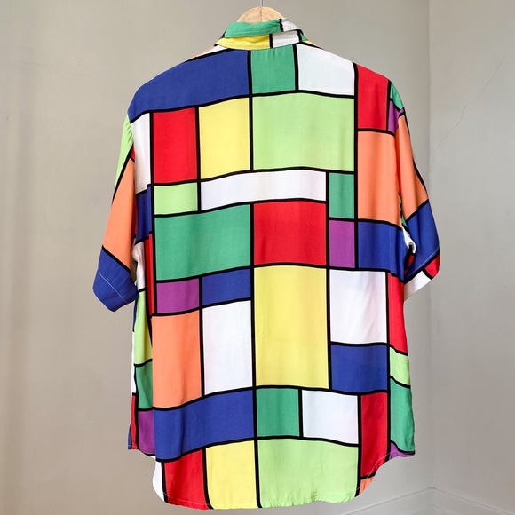 80s Vintage Colourful Geometric Print Mondrian Short Sleeves Button Down Shirt - Picture 2 of 8